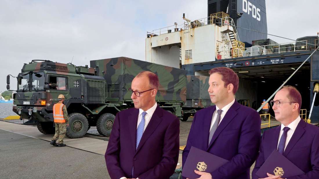 Ein Patriot-System der Bundeswehr bei Verladung auf eine Fähre. Ins Bild montiert Kanzler Friedrich Merz, Finanzminister Lars Klingbeil und Innenminister Alexander Dobrindt.