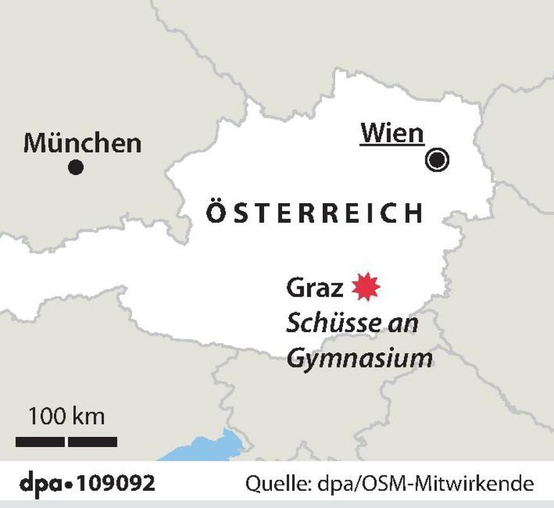 Die Österreich-Karte zeigt Graz. Dort erschoss mutmaßlich ein Amokläufer Schüler und Lehrer an einer Schule.