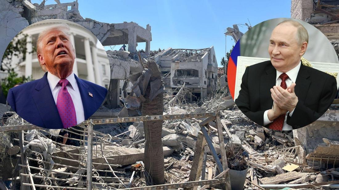 Links: US-Präsident Donald Trump blickt nach oben. Rechts: Russlands Präsident Wladimir Putin schaut zur Seite. Im Hintergrund. Zerstörte Gebäude in Israel, die einem Angriff des Irans vorausgingen.