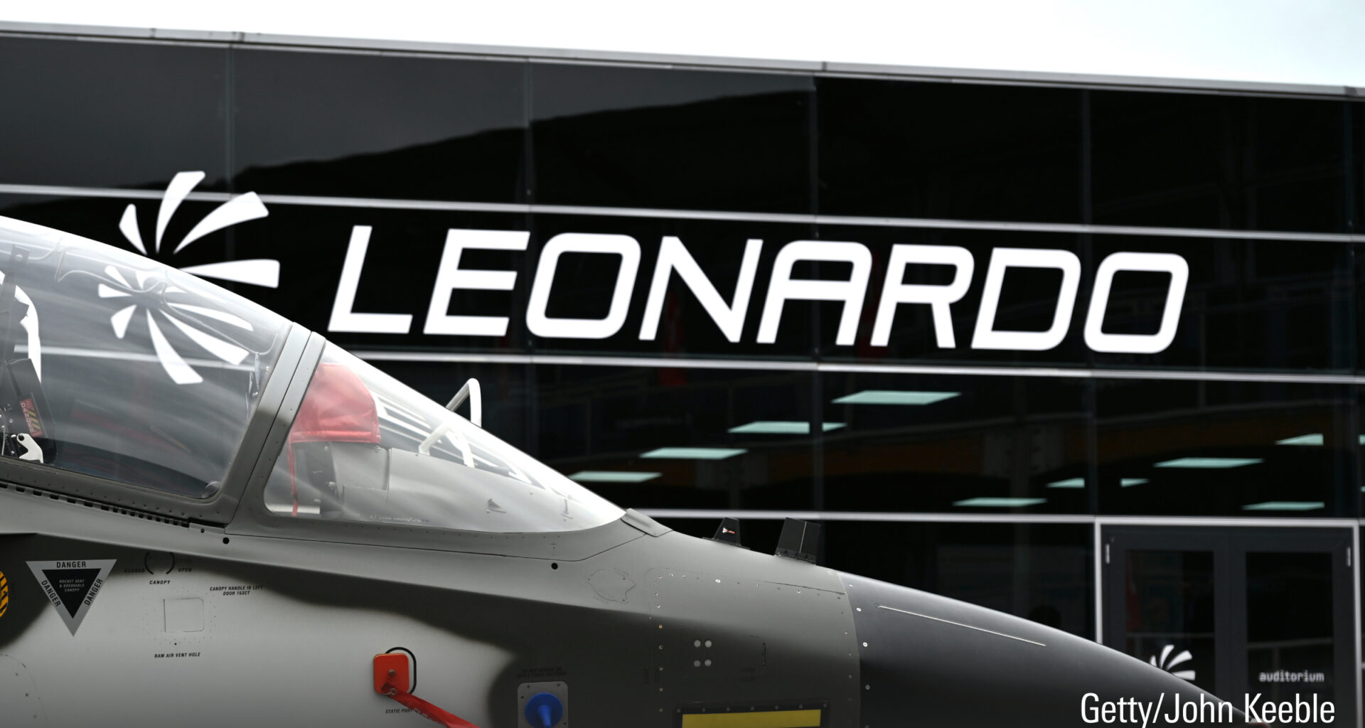 The Leonardo logo is seen over a Aermacchi M-346 FA Fighter Attack Aircraft.
