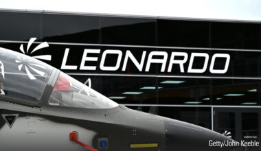 The Leonardo logo is seen over a Aermacchi M-346 FA Fighter Attack Aircraft.