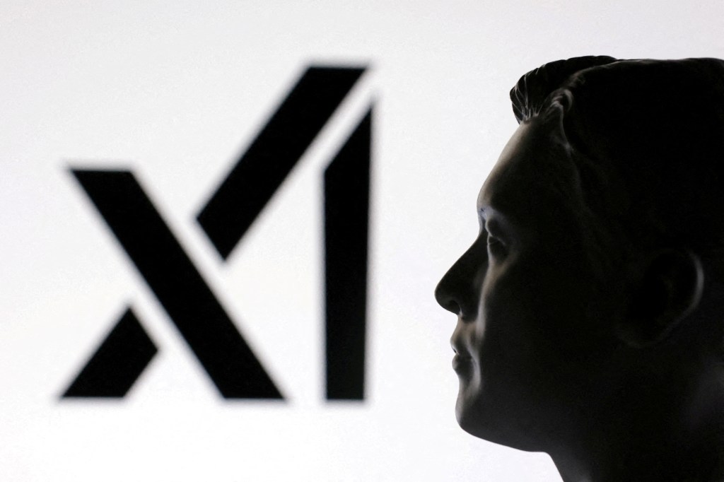 Illustration of a 3D-printed miniature model of Elon Musk and the xAI logo.