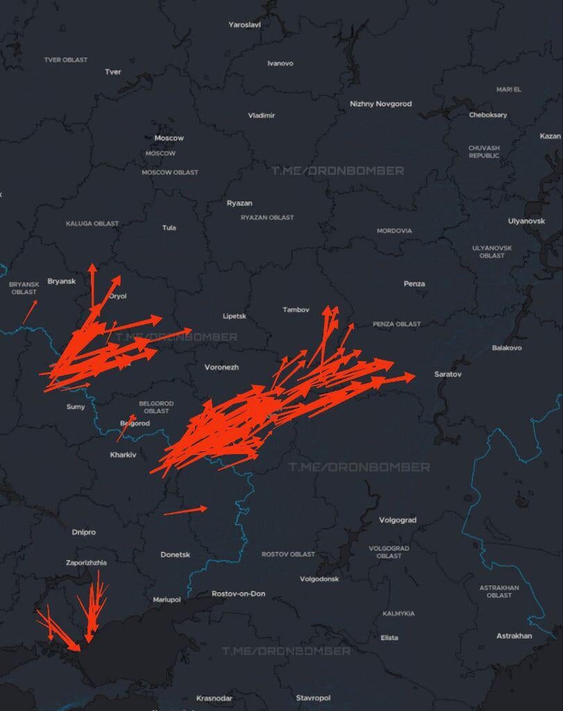 Ukrainian long-range drones are attacking Russian military installations. The information is current at 23:35.