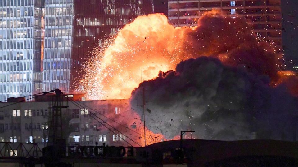 PHOTO: An explosion is seen during a missile attack in Tel Aviv, Israel, June 13, 2025.  (Tomer Neuberg/AP)
