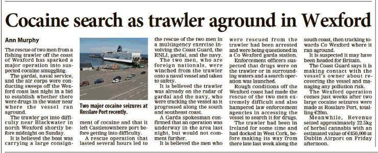 The 'Irish Examiner' front page report on September 26, 2023 notes that gardaí and the navy had already been tracking the trawler before it ran aground off the Wexford coast. Picture: Irish Examiner
