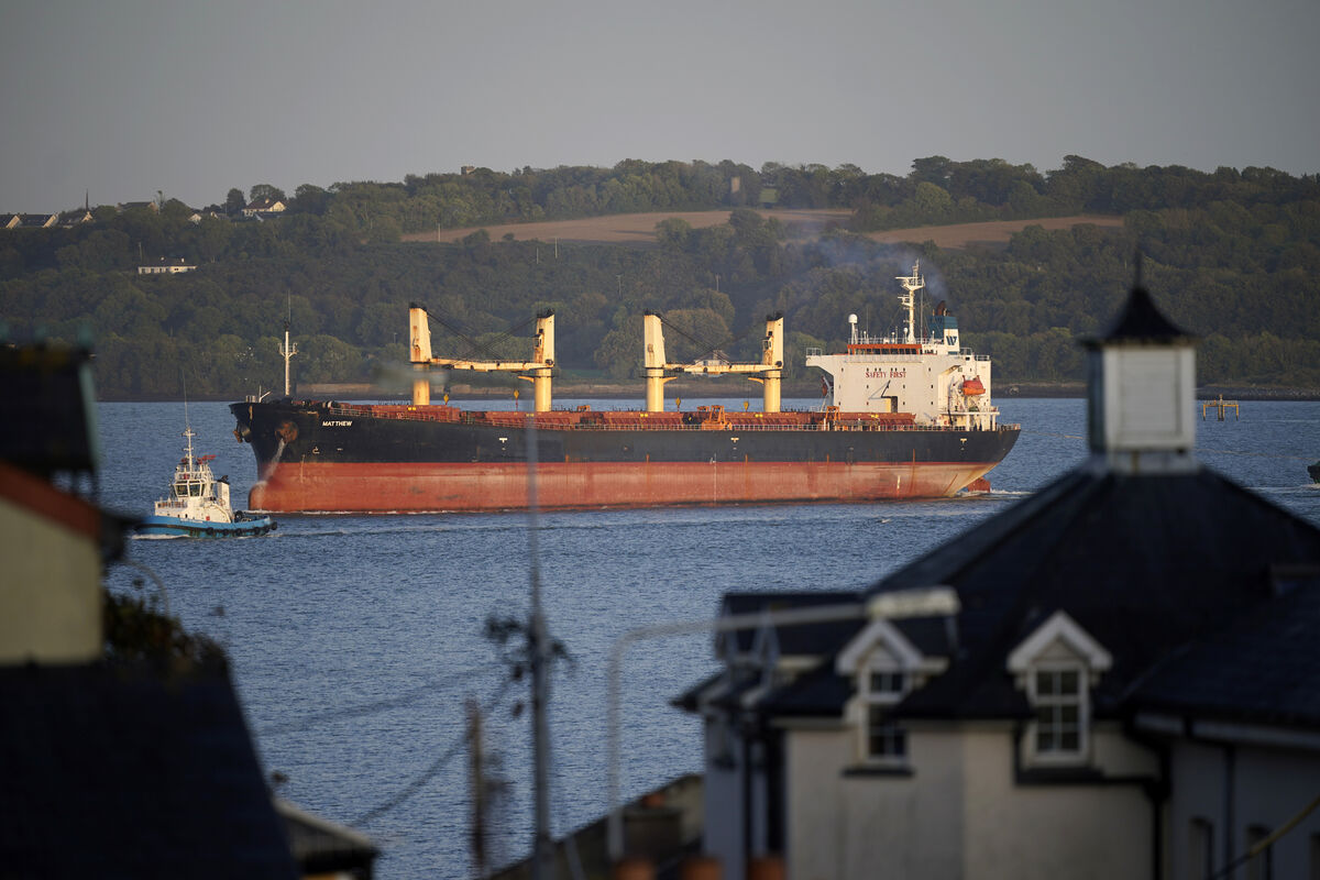The Panamanian-registered MV Matthew being escorted into Cork Harbour. File picture: PA