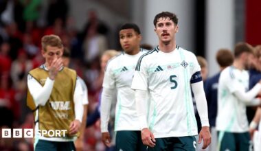 Northern Ireland players after their defeat in Denmark