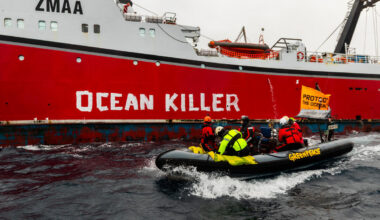 Greenpeace activists rebrand NZ bottom trawler “ocean killer” at sea