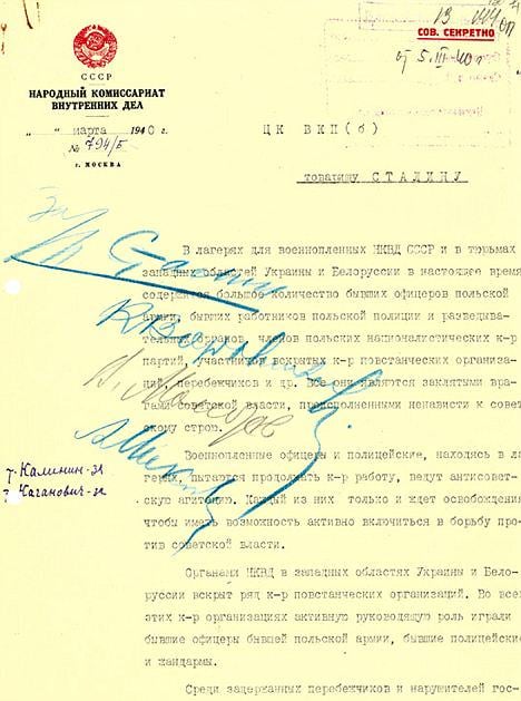Document from the Soviet archive ordering the execution of captured Polish POWs and counter revolutionaries signed by Stalin and Beria - cringe in comments