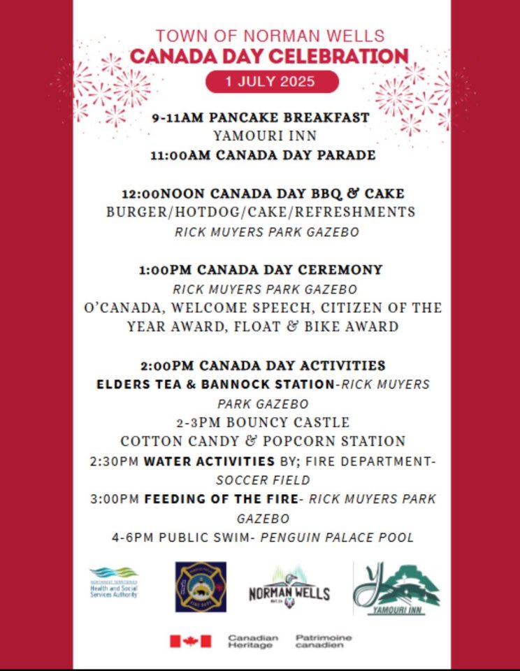 Full schedule for Inuvik's Canada Day celebrations, posted to the Town of Norman Wells facebook page.