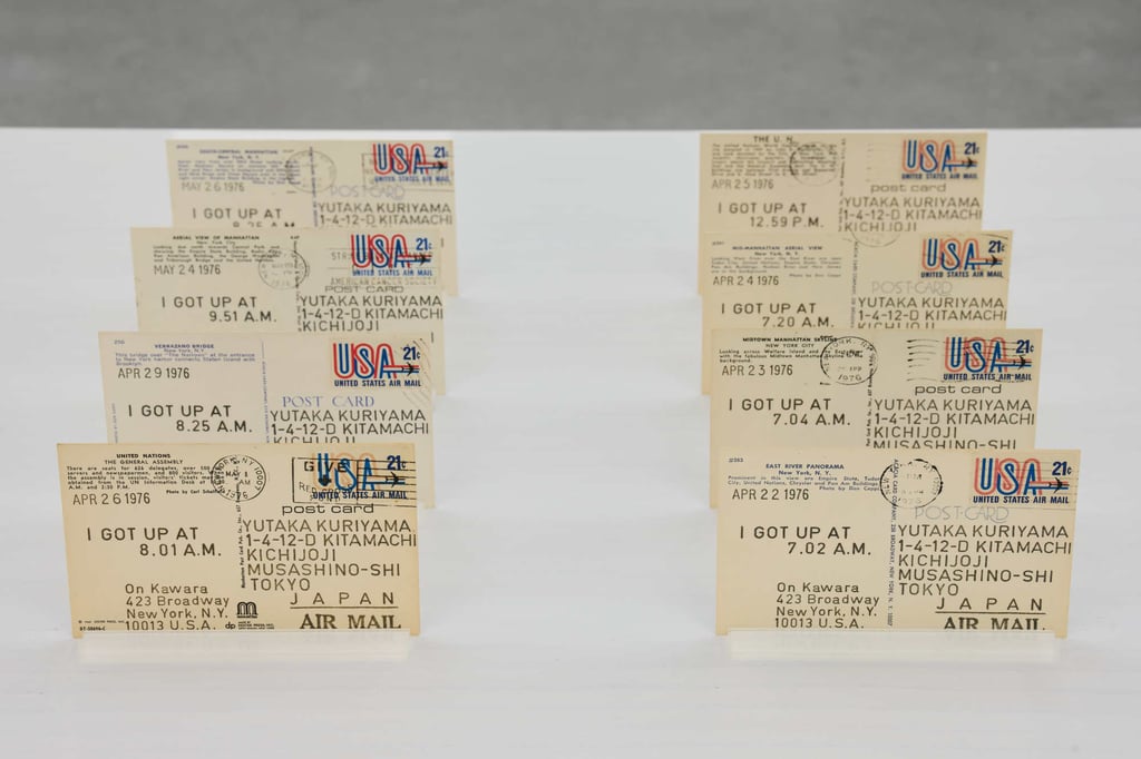 The backs of postcards from Japan-born conceptual artist On Kawara’s series “I Got Up” (1968-1979), He posted them to friends with a simple message noting the time he got up that day. They form part of the exhibition “On Kawara: Rules of Freedom, Freedom of Rules” at Tai Kwun Contemporary, Hong Kong. Photo: Kitmin Lee