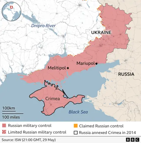 Map showing areas of Ukraine under Russian occupation, which is Crimea and a corridor along the south-east border with Russia, encompassing Melitipol and Mariupol.