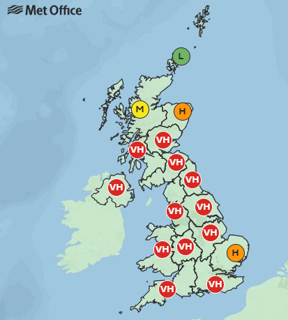 The UK's pollen forecast is 'very high' for most of the UK, piling the misery on for hay fever sufferers. (Met Office)