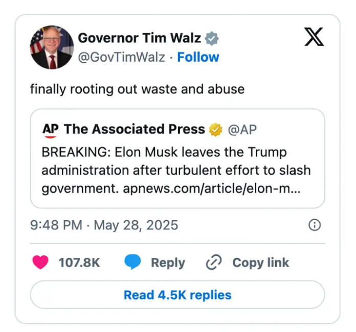 Tweet from Governor Tim Walz states, "finally rooting out waste and abuse," quoting an AP report about Elon Musk leaving the Trump administration