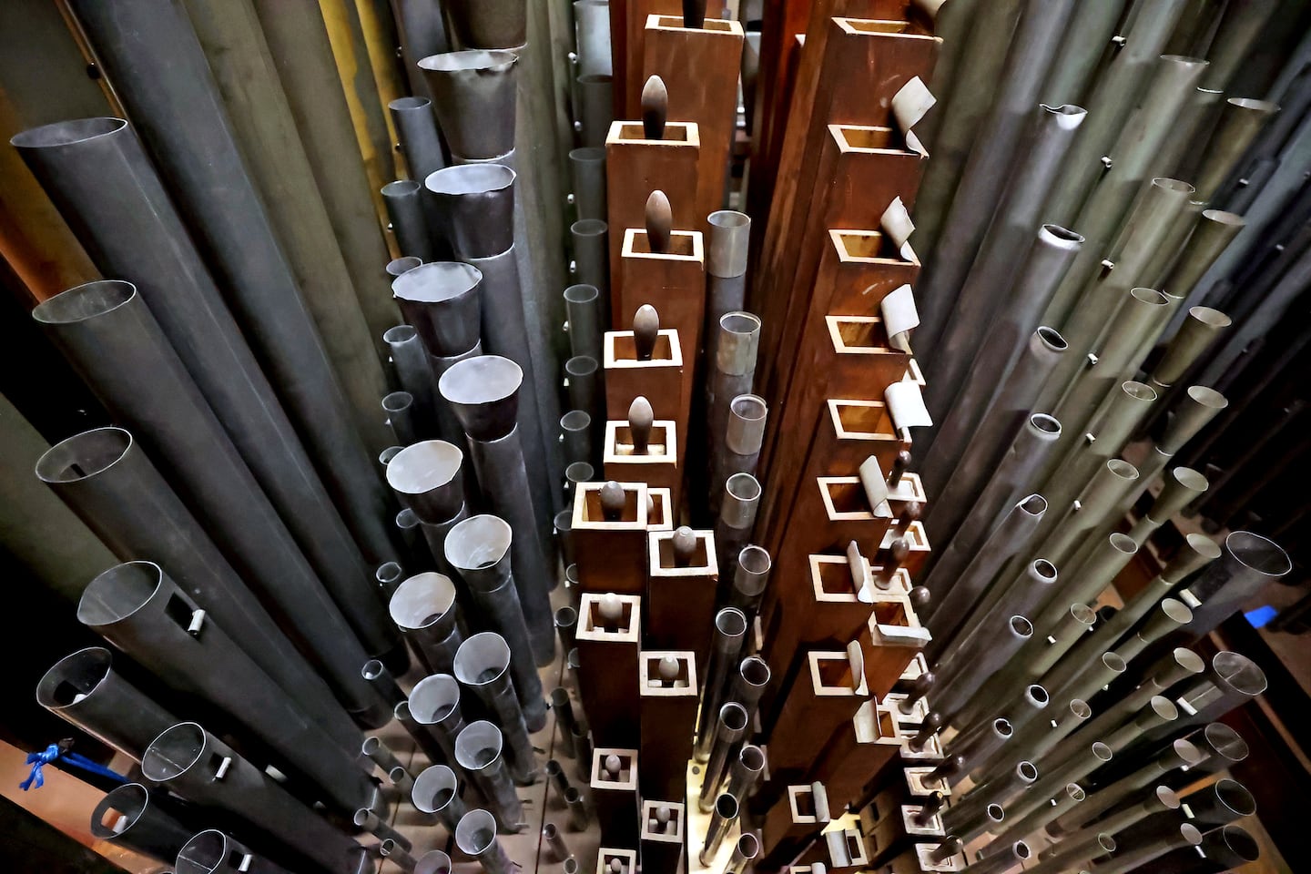 A view of some of the pipes inside the organ that was built in 1875 for the Cathedral of the Holy Cross in the South End.