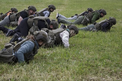 Participants in the 'Training with the Army' program at the Gdynia base in northern Poland.