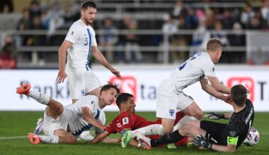 Jakub Kiwior (centre) scores for Poland in Helsinki on Tuesday night.