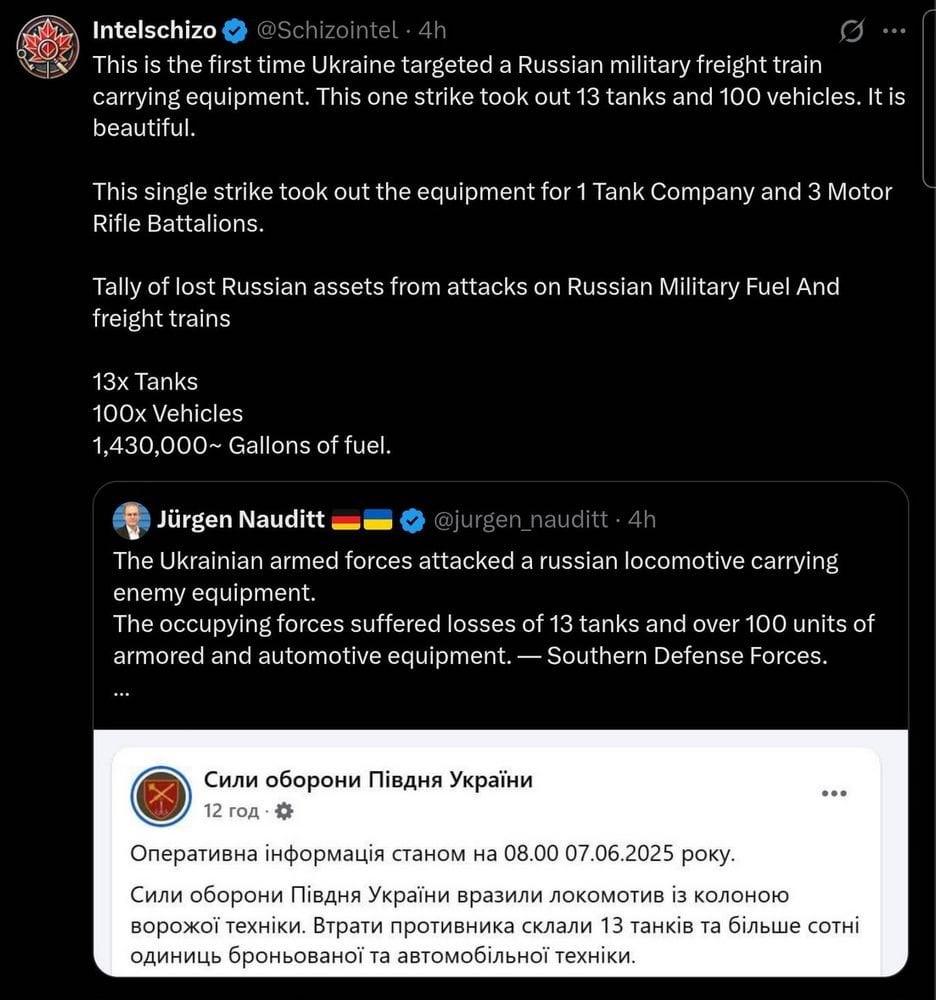 Ukrainian drones flew out of a train's grain car hatches.The hatches appear to have been opened remotely, again.

These types of trojan horse operations must have the Russians tearing their hair out. If they keep happening, literally every container in Russia will become suspect.