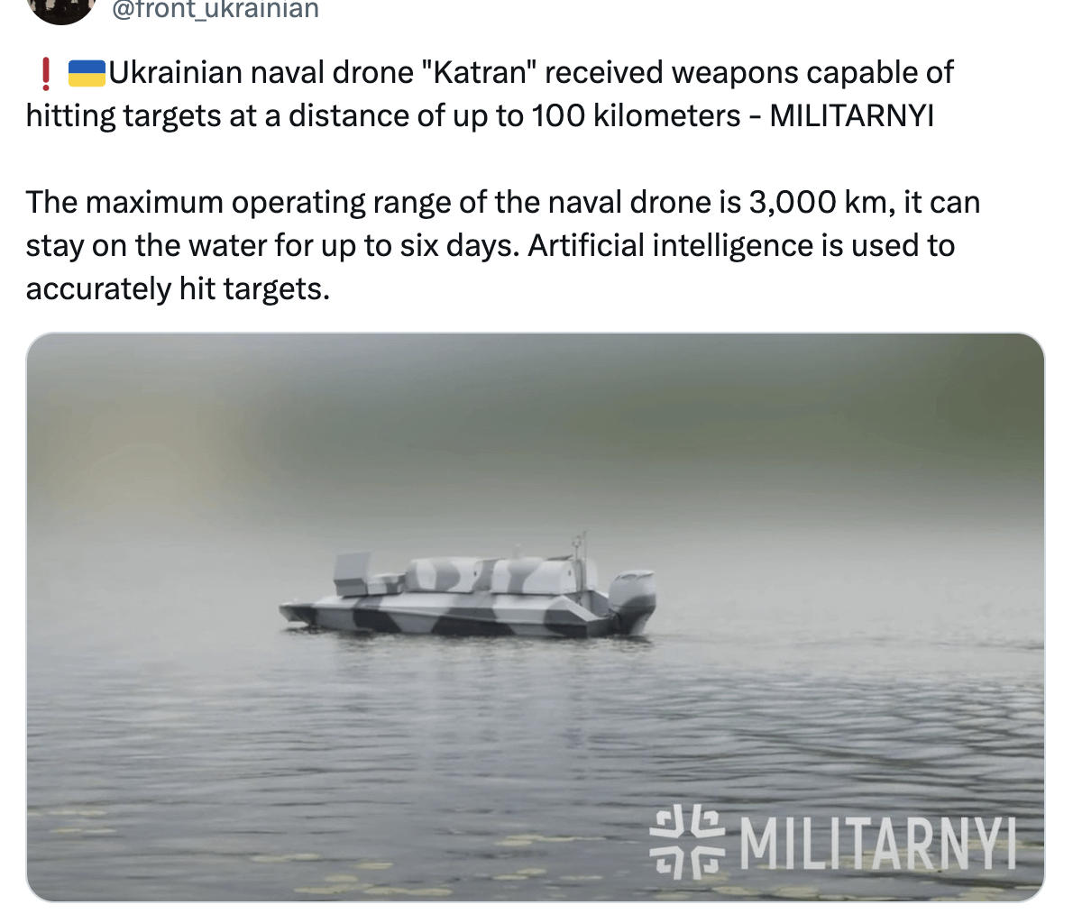 Ukrainian naval drone "Katran" received weapons capable of hitting targets at a distance of up to 100 kilometers