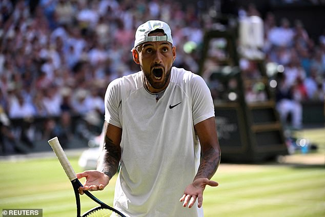 Kyrgios (pictured reacting after a point in the match) thought, 'What would you know?' after the kind words from the royal