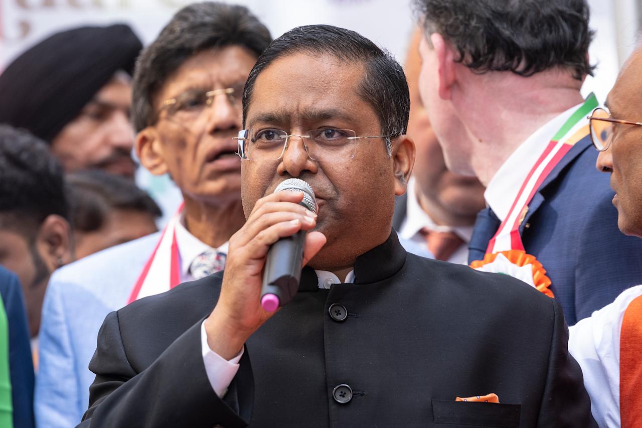 NEW YORK, UNITED STATES - 2022/08/15: Consul general Randhir Jaiswal speaks during Indias 75th Anniversary of Independence Flag Raising at Times Square. (Photo by Lev Radin/Pacific Press/LightRocket via Getty Images)