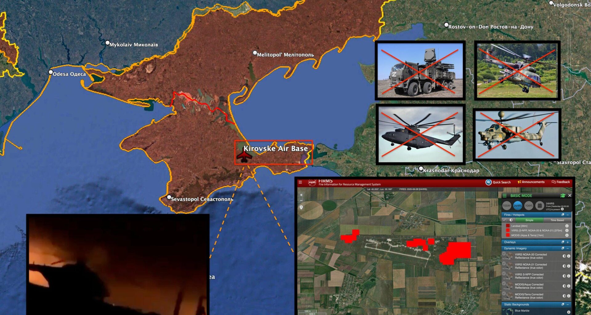 The Ukrainian SBU conducted another successful operation against a Russian airfield, this time on Ukrainian soil. The Kirovske Air Base in Russian-occupied Crimea was struck. One Pantsir-S1 air defense system and 3 choppers (Mi-8, Mi-26 and Mi-28) claimed to be destroyed. 27.06.2025 [Unconfirmed]