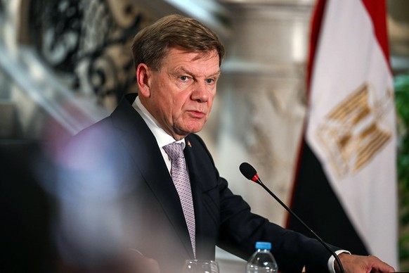 epa12173245 German Foreign Minister Johann Wadephul speaks during a joint press conference with his Egyptian counterpart following their meeting at Tahrir Palace, in Cairo, Egypt, 13 June 2025. The Ge ...