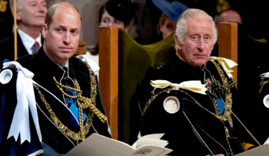 King Charles and Prince William wearing velvet robes sitting in chairs
