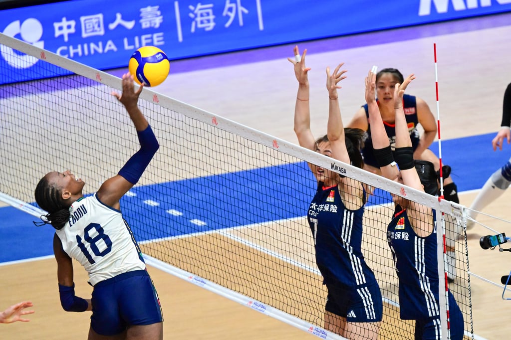 Italy’s Paola Ogechi Egonu (left) jumps at the net against China. Photo: Xinhua Italy’s Paola Ogechi Egonu (left) jumps at the net against China. Photo: Xinhua