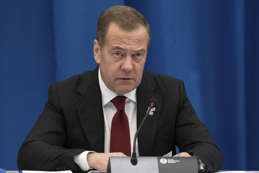 Russian Security Council Deputy Chairman and the head of the United Russia party Dmitry Medvedev speaks during a meeting of the United Russia party programme commission in Moscow, Russia, Thursday, Ap ...