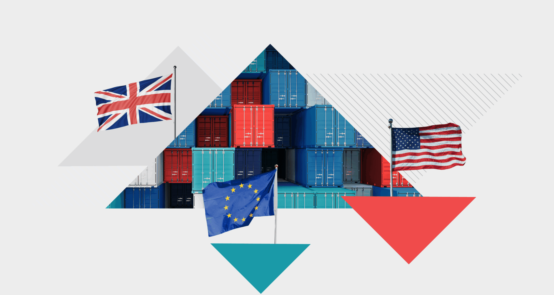 Illustrazione a collage di una nave da carico, bandiere degli Stati Uniti, del Regno Unito e dell&apos;Unione Europea e simboli di volatilit&agrave;.