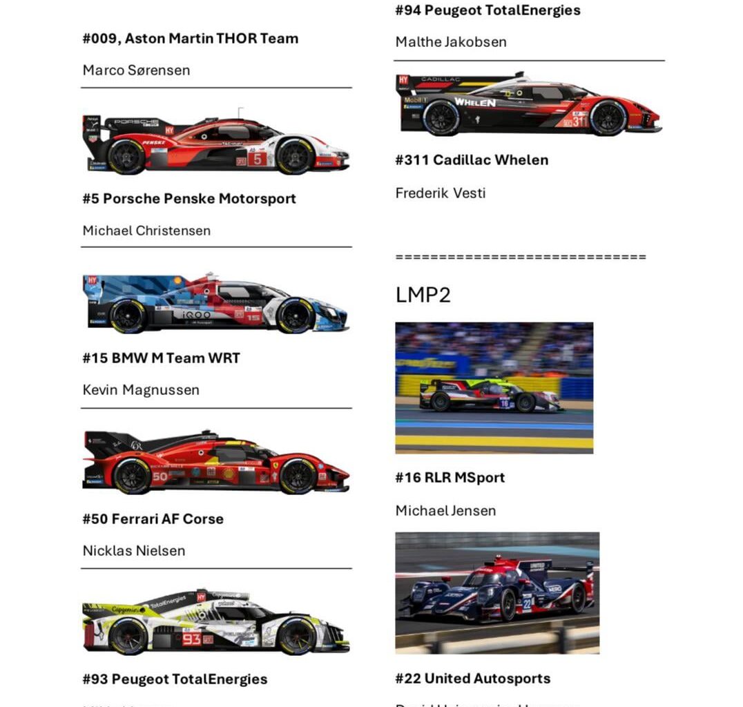 Til alle de danske Motorsport fans; en oversigt over danske kørere til weekendens 24 Timers Le Mans
