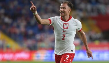 Aston Villa defender Matty Cash celebrates scoring for Poland against Moldova on Friday night.