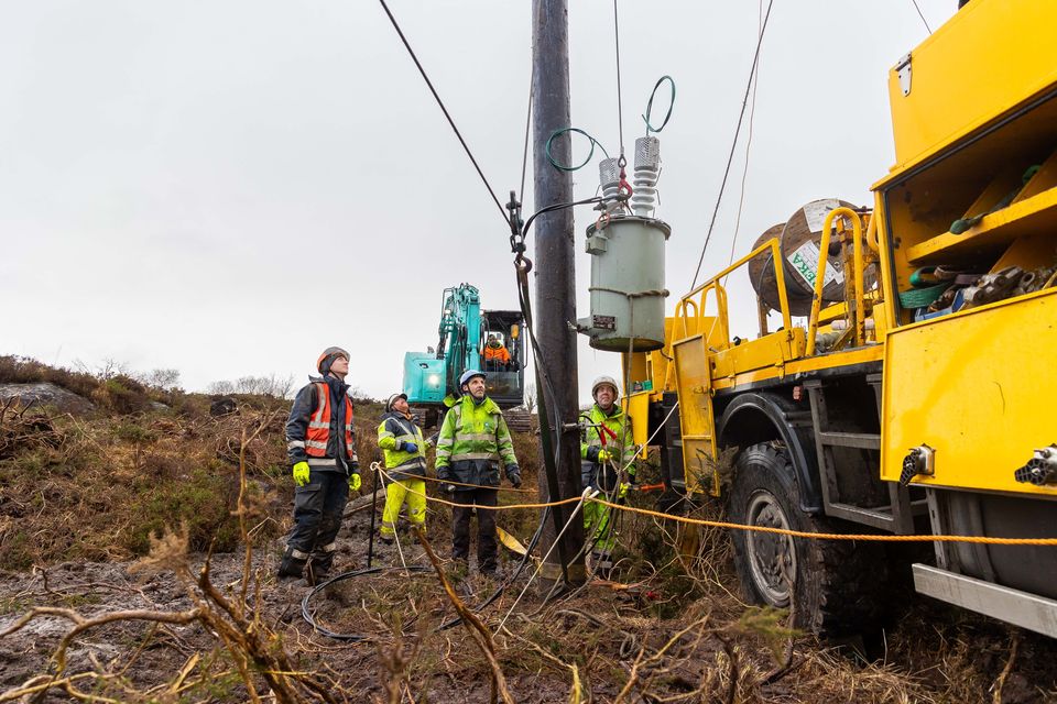 ESB Networks crews and partner contractors in west Cork during restoration works after Storm Éowyn. Photo: Michael O’Sullivan/OSM