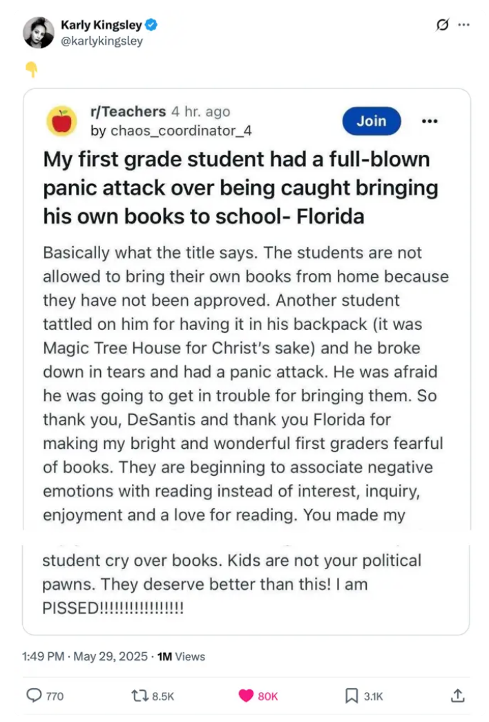 Tweet about a teacher's experience with a student's panic attack over bringing books to school in Florida. Expresses frustration and disbelief