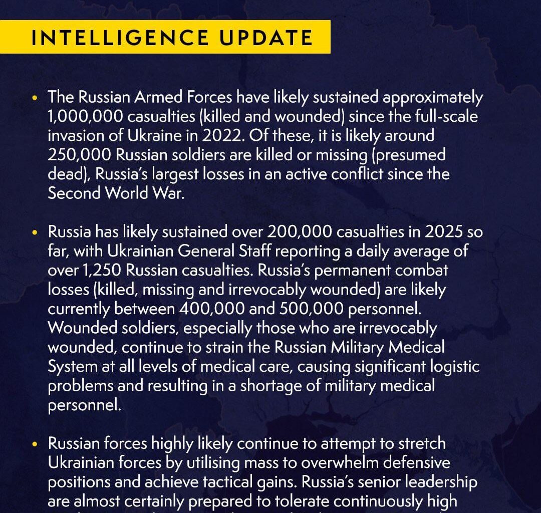 The United Kingdom Ministry of Defence confirms that Russia has sustained 1 million casualties... including 200,000 casualties in 2025 ALONE