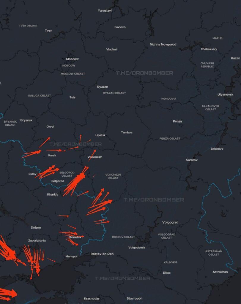 Ukrainian long-range drones are attacking Russian military installations. The information is current at 23:30.
