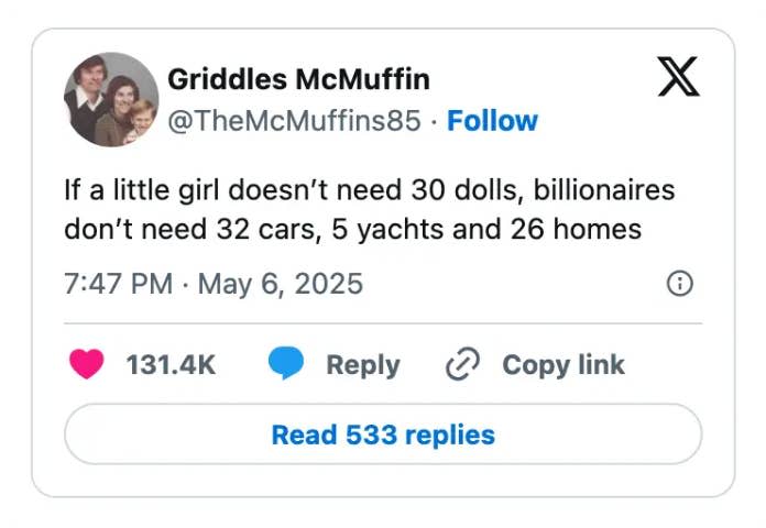 Tweet says billionaires don’t need excessive luxury items if children don’t need many toys