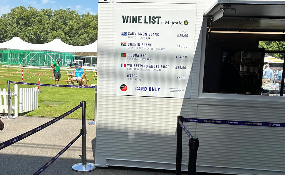 The wine list at an alcohol stand at Lord's.