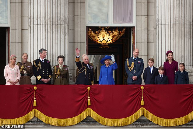 (From left) Sophie, Edward, Vice Admiral Sir Tim Laurence, Princess Anne, the Duke of Kent, King Charles III, Queen Camilla, Prince William, Prince George, Kate, Prince Louis and Princess Charlotte on the Buckingham Palace balcony in London yesterday for the VE Day 80 flypast