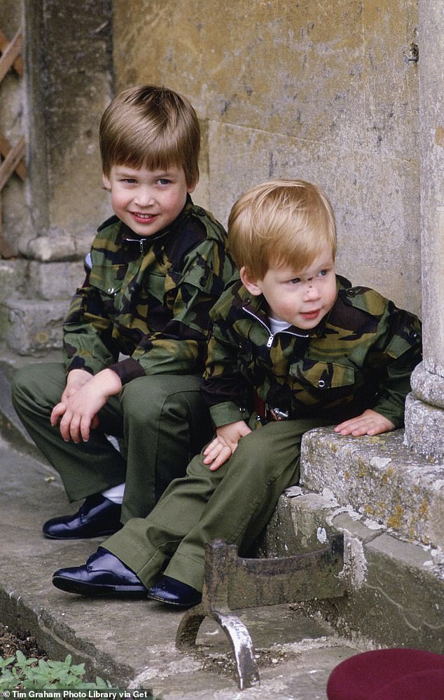 William and Harry are pictured on the steps of Highgrove House wearing army uniforms on July 18, 1986