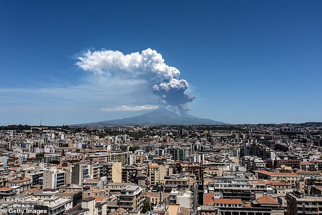 Huge plumes fo ash were seen spewing out of Mount Etna from Catania early this morning