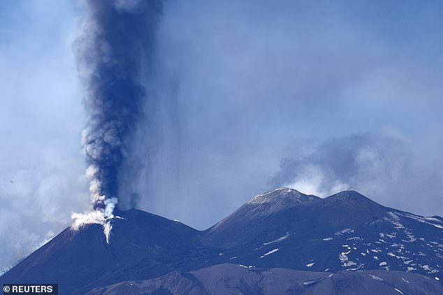 Volcanic steam rises from Mount Etna, near Motta Camastra, Sicily, Italy