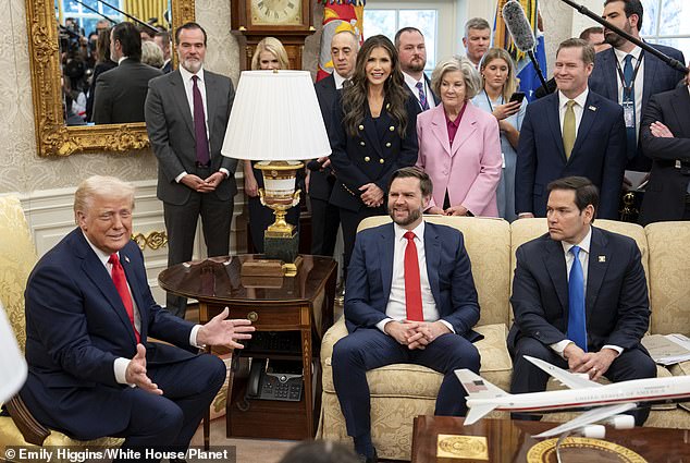 U.S President Donald Trump, left, comments as Vice President JD Vance, center, and Secretary of State Marco Rubio