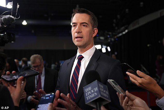 Sen. Tom Cotton, R-Ark., speaks to reporters