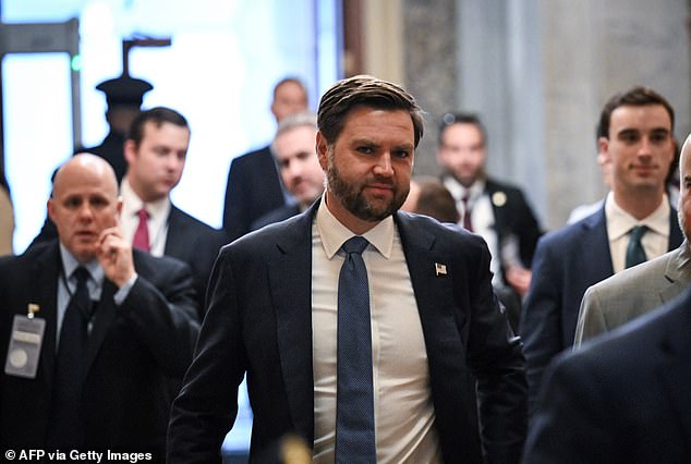 US Vice President JD Vance arrives at the US Capitol on his way to a closed-door policy luncheon with Senate Republicans