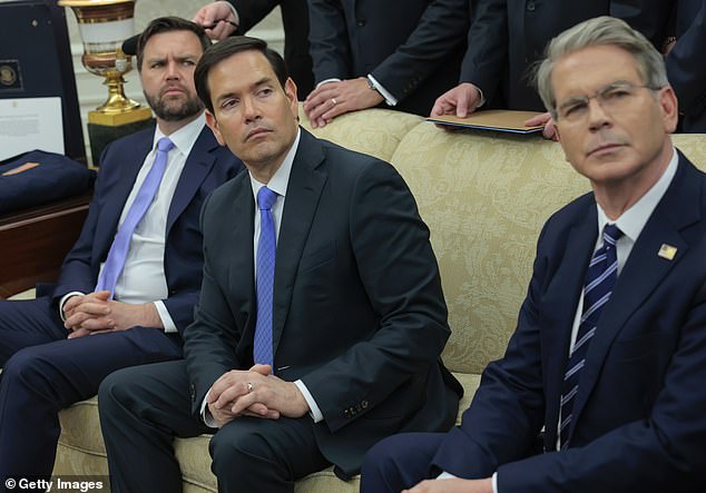 U.S. Vice President JD Vance, Secretary of State Marco Rubio and Treasury Secretary Scott Bessent attend a meeting with President Donald Trump