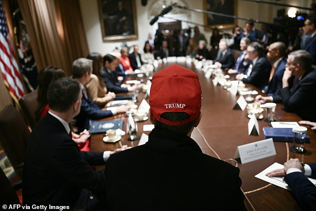Elon Musk, wearing a red hat, looks on as US President Donald Trump hosts a cabinet meeting in the Cabinet Room of the White House