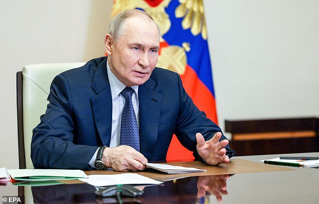 Russian President Vladimir Putin chairs a meeting with members of the Security Council via video conference at the Novo-Ogaryovo state residence, outside Moscow, Russia, 10 June 2025