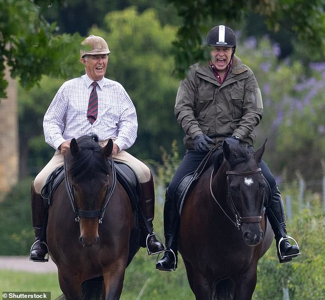 Prince Andrew looked to be in high spirits as he joined his late mother's long-standing stud groom Terry Pendry for a horse ride around Windsor today